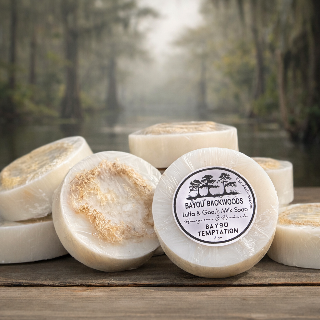 Bayou Temptation 4oz luffa and goat’s milk soap by Bayou Backwoods. Handmade, exfoliating, moisturizing, small-batch, rustic luxury skincare. Shop local small business Slidell, Pearl River, Mandeville, Covington.