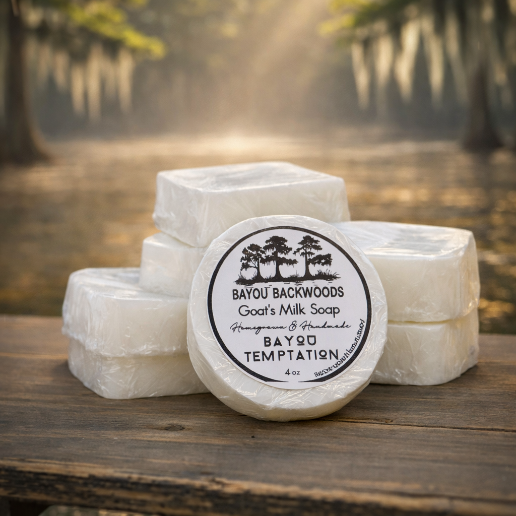 Bayou Temptation 4oz goat’s milk soap by Bayou Backwoods. Handmade, moisturizing, small-batch, rustic luxury skincare. Shop local small business Slidell, Pearl River, Mandeville, Covington.