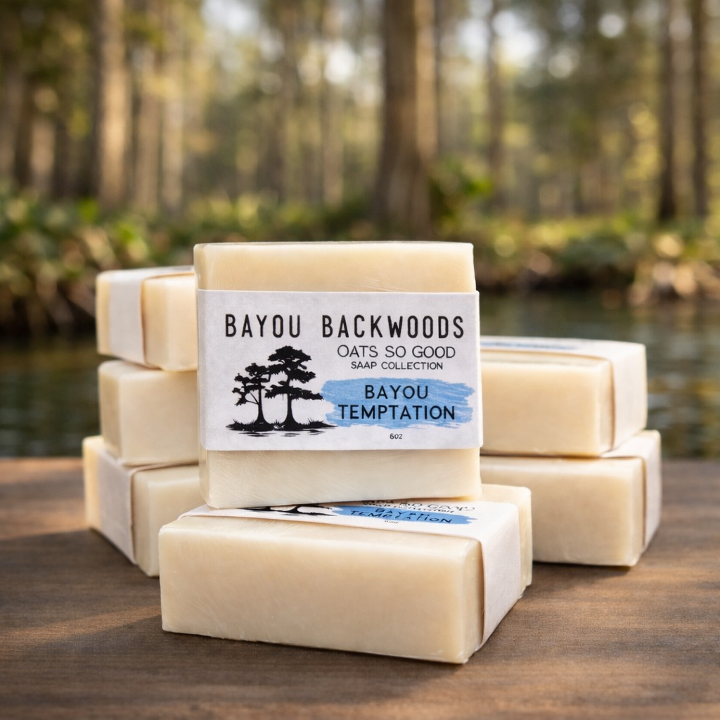 Stack of Bayou Backwoods Bayou Temptation Oats So Soft, soap bars with a natural bayou background. Shop small business 
