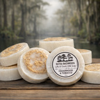 Cedarwood Tobacco 4oz luffa and goat’s milk soap by Bayou Backwoods. Handmade, exfoliating, moisturizing, small-batch, rustic luxury skincare. Shop local small business Slidell, Pearl River, Mandeville, Covington.