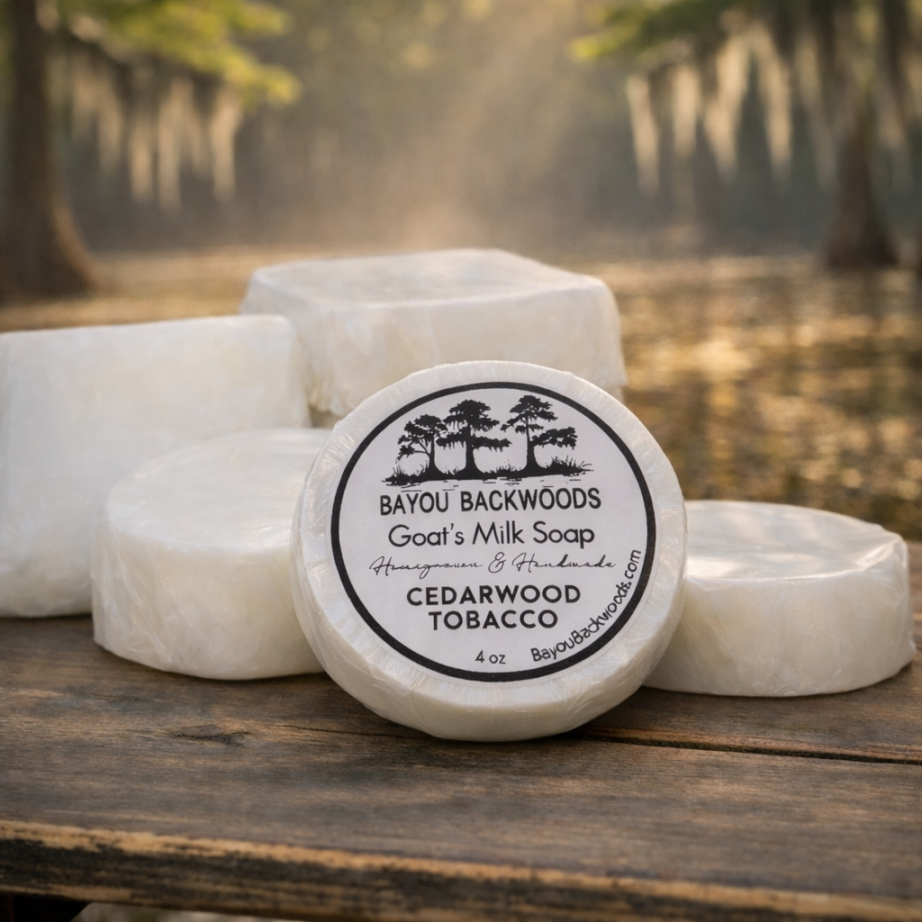 Cedarwood Tobacco 4oz goat’s milk soap by Bayou Backwoods. Handmade, moisturizing, small-batch, rustic luxury skincare. Shop local small business Slidell, Pearl River, Mandeville, Covington.
