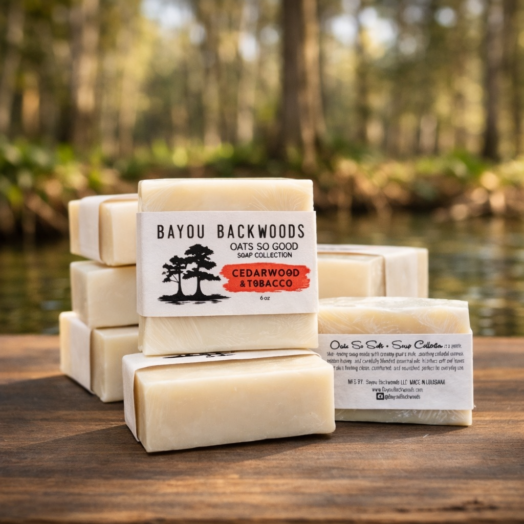 Stack of Bayou Backwoods Cedarwood Tobacco Oats So Soft, soap bars with a natural bayou background. Shop small business 
