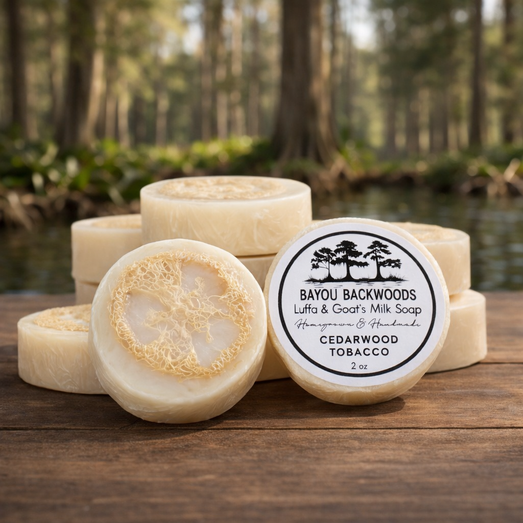 Cedarwood Tobacco luffa & goat’s milk 2OZ soap by Bayou Backwoods—handmade, exfoliating, moisturizing, small-batch, rustic luxury skincare. Shop local small business Slidell, Pearl River, Mandeville