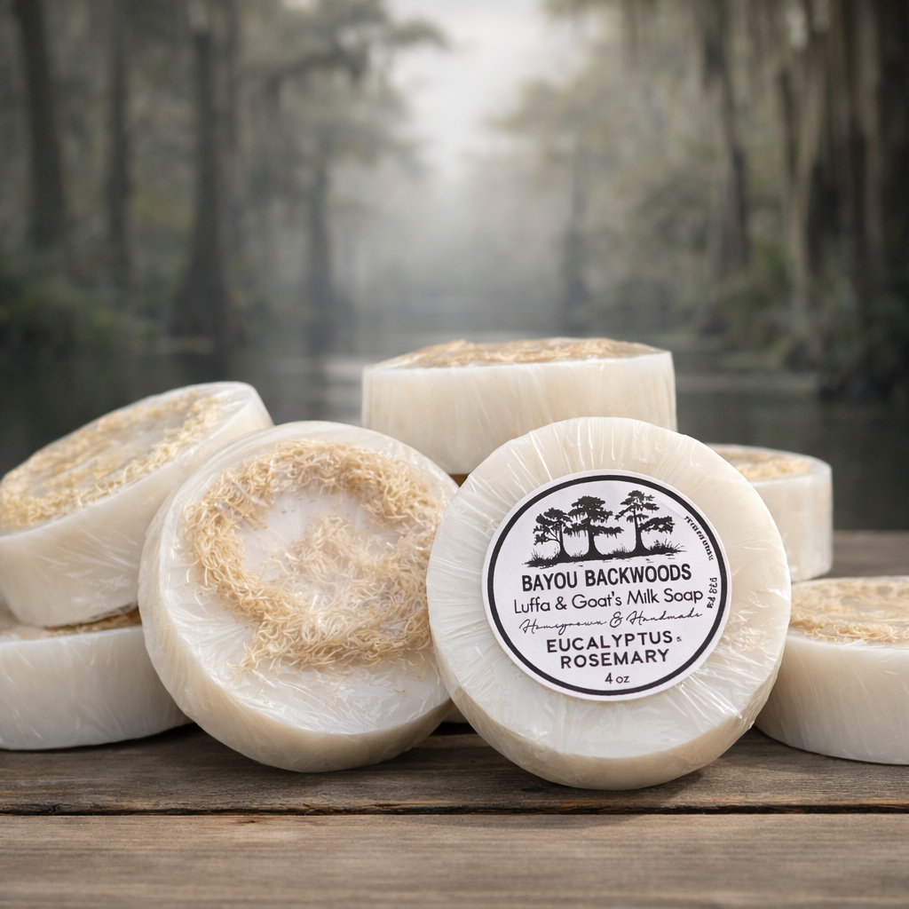 Eucalyptus and Rosemary 4oz luffa and goat’s milk soap by Bayou Backwoods. Handmade, exfoliating, moisturizing, small-batch, rustic luxury skincare. Shop local small business Slidell, Pearl River, Mandeville, Covington.
