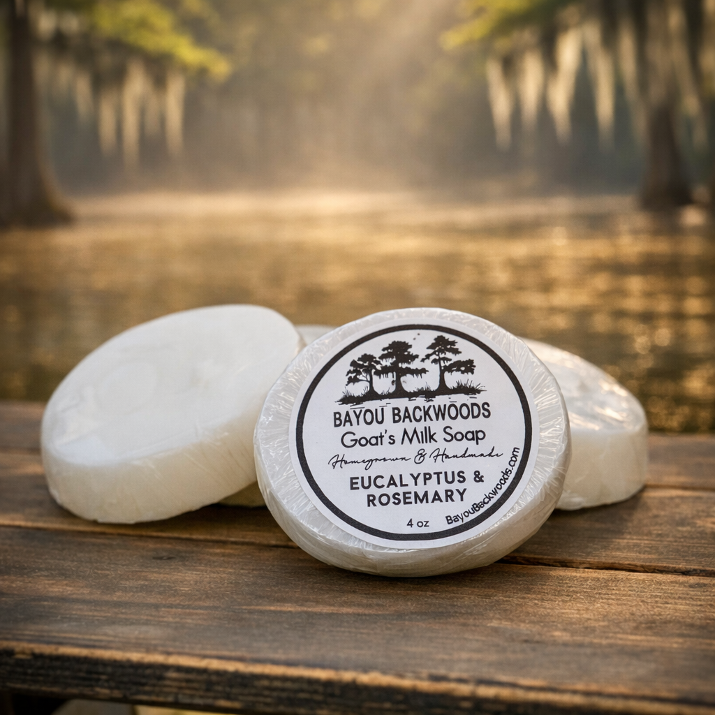 Eucalyptus and Rosemary 4oz goat’s milk soap by Bayou Backwoods. Handmade, moisturizing, small-batch, rustic luxury skincare. Shop local small business Slidell, Pearl River, Mandeville, Covington.