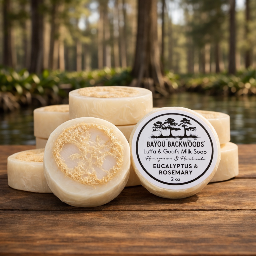 Eucalyptus and Rosemary 2oz luffa and goat’s milk soap by Bayou Backwoods. Handmade, exfoliating, moisturizing, small-batch, rustic luxury skincare. Shop local small business Slidell, Pearl River, Mandeville 