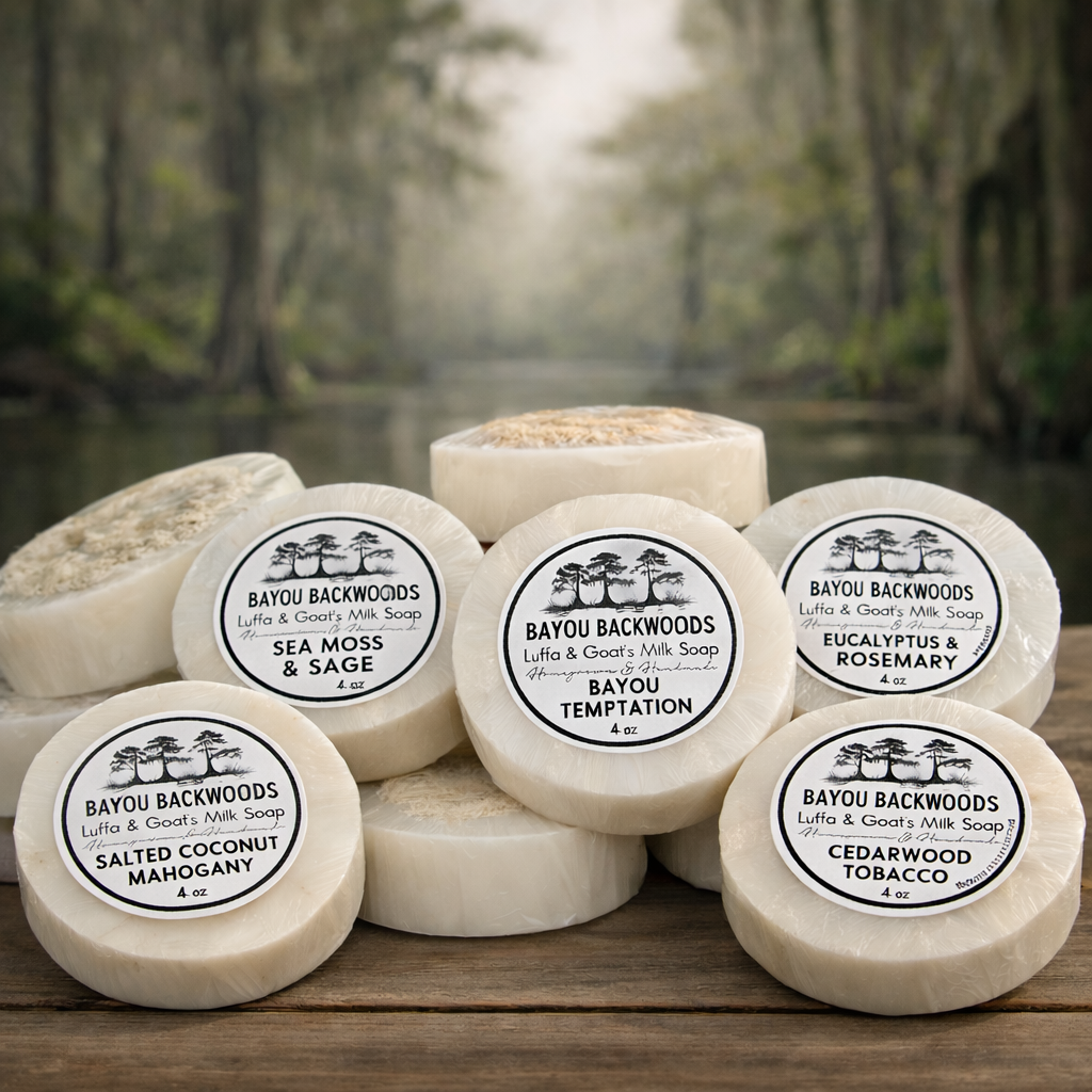 Bayou Backwoods soap collection 4oz luffa and goat’s milk soap by Bayou Backwoods. Handmade, exfoliating, moisturizing, small-batch, rustic luxury skincare. Shop local small business Slidell, Pearl River, Mandeville, Covington.