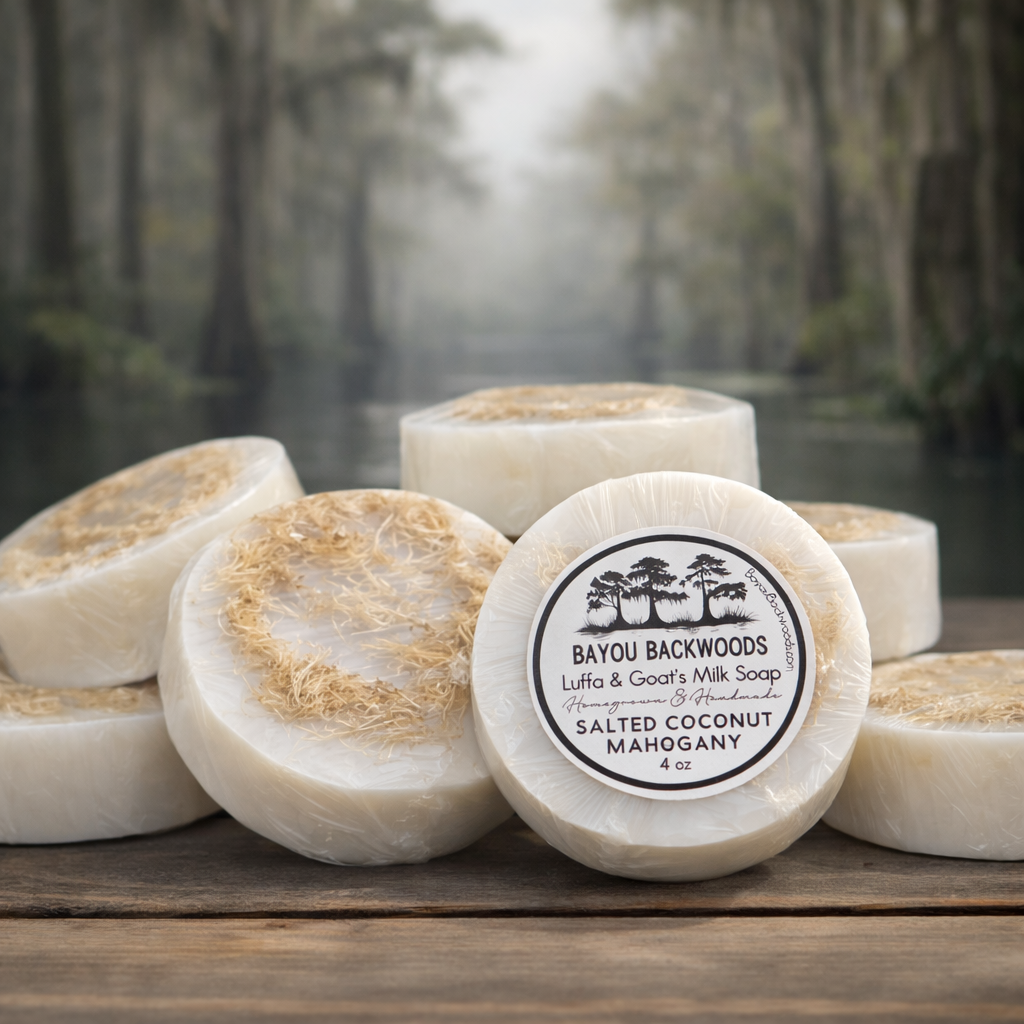 Salted coconut mahogany 4oz luffa and goat’s milk soap by Bayou Backwoods. Handmade, exfoliating, moisturizing, small-batch, rustic luxury skincare. Shop local small business Slidell, Pearl River, Mandeville, Covington.
