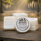 Salted Coconut Mahogany 4oz goat’s milk soap by Bayou Backwoods. Handmade, moisturizing, small-batch, rustic luxury skincare. Shop local small business Slidell, Pearl River, Mandeville, Covington.