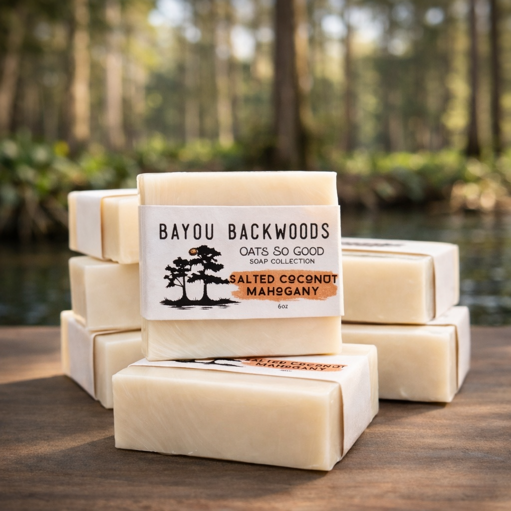 Stack of Bayou Backwoods Salted Coconut Mahogany Oats So Soft, soap bars with a natural bayou background. Shop small business 