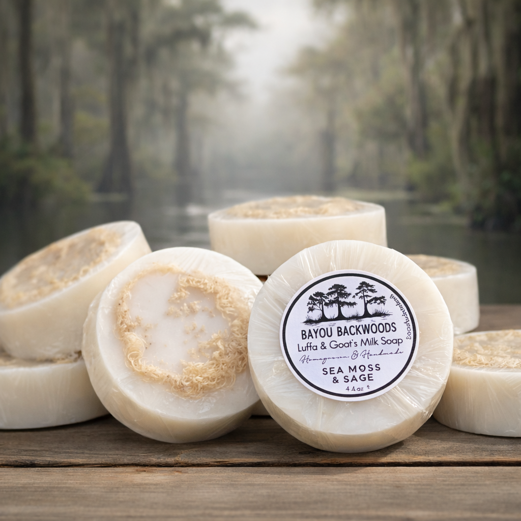 Sea Moss and Sage 4oz luffa and goat’s milk soap by Bayou Backwoods. Handmade, exfoliating, moisturizing, small-batch, rustic luxury skincare. Shop local small business Slidell, Pearl River, Mandeville 