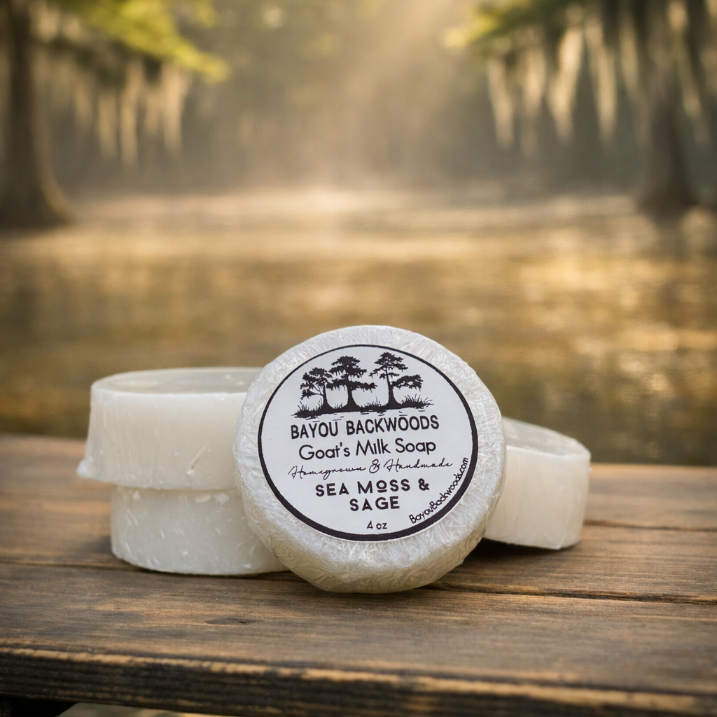 Sea Moss & Sage 4oz goat’s milk soap by Bayou Backwoods. Handmade, moisturizing, small-batch, rustic luxury skincare. Shop local small business Slidell, Pearl River, Mandeville, Covington.