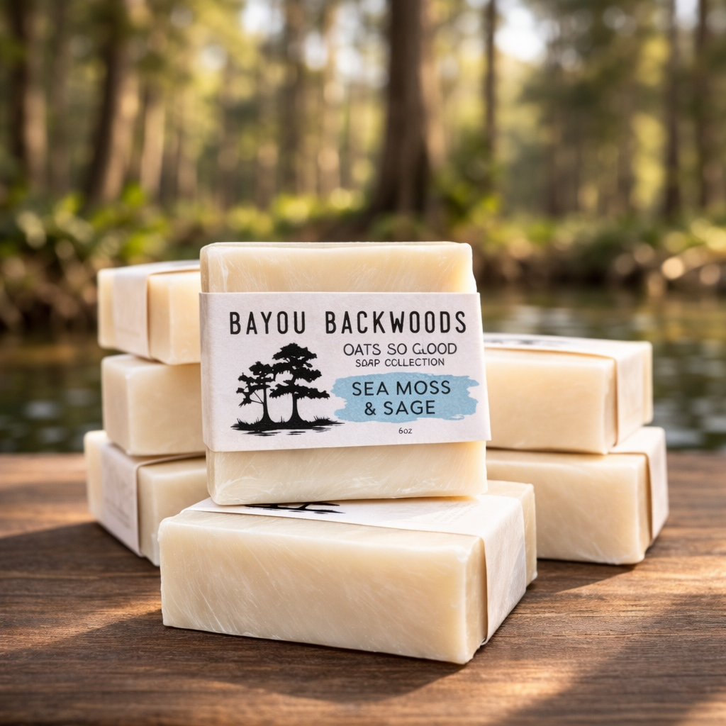 Stack of Bayou Backwoods Sea Moss and Sage Oats So Soft, soap bars with a natural bayou background. Shop small business 