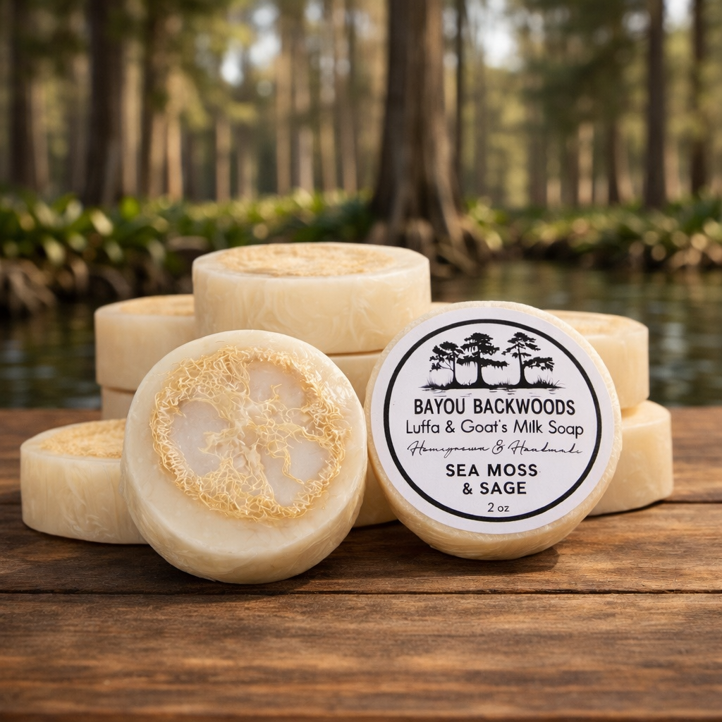 Sea Moss and Sage 2oz luffa and goat’s milk soap by Bayou Backwoods. Handmade, exfoliating, moisturizing, small-batch, rustic luxury skincare. Shop local small business Slidell, Pearl River, Mandeville 